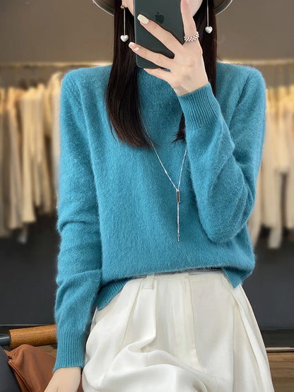 100% Mink Cashmere Sweater Women's Half High Collar Pullover Long Sleeve Cashmere Knitwear Fashion Autumn Winter Female Clothing