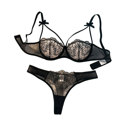 2-Piece Women's Black Comfortable Lightweight Bow Semi Transparent Lingerie Set ZA824057