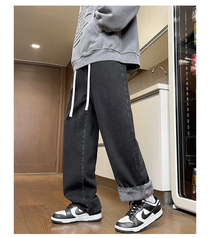 Men's Thicke Fleece Straight Jeans Winter Velvet Thermal Nostalgia Washing Denim Pants Streetwear Elastic Waist Loose Trousers