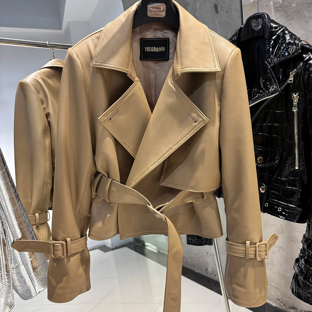 YOLOAgain 2025 Autumn Elegant Real Leather Jacket Coat Women Oversized Leather Jacket With Belt
