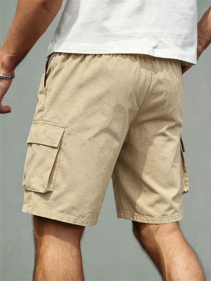 2026 Men's loose linen straight-leg pants, casual multi-pocket work shorts, high-end men's shorts, drawstring daily work shorts