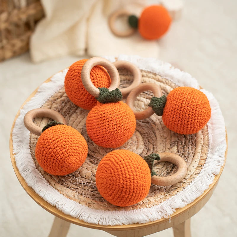 Wooden Baby Teether Cute Fruit Style Handmade Crochet Rattle Toys Newborn Soother Teething Chew Toys for Boys Girls Babies Gifts