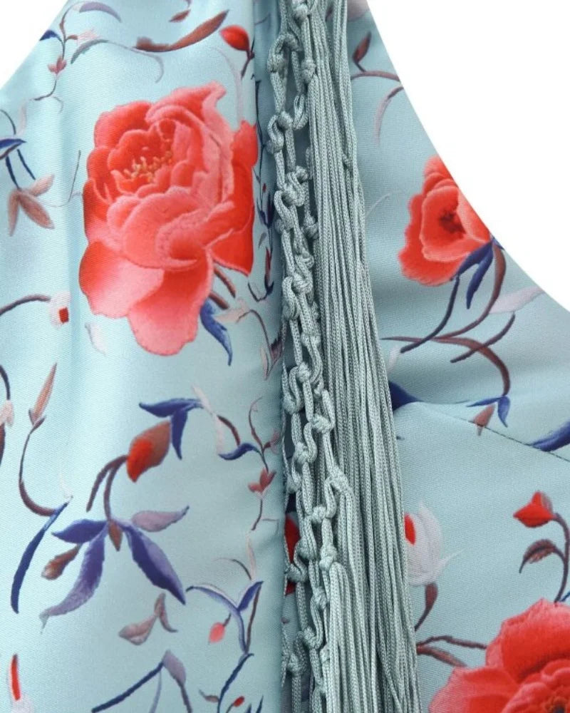 2026 Women Satin Floral Print Halter Neck Dress Fringe Trim Asymmetrical Hem Party Maxi Dress for Beach Vacation