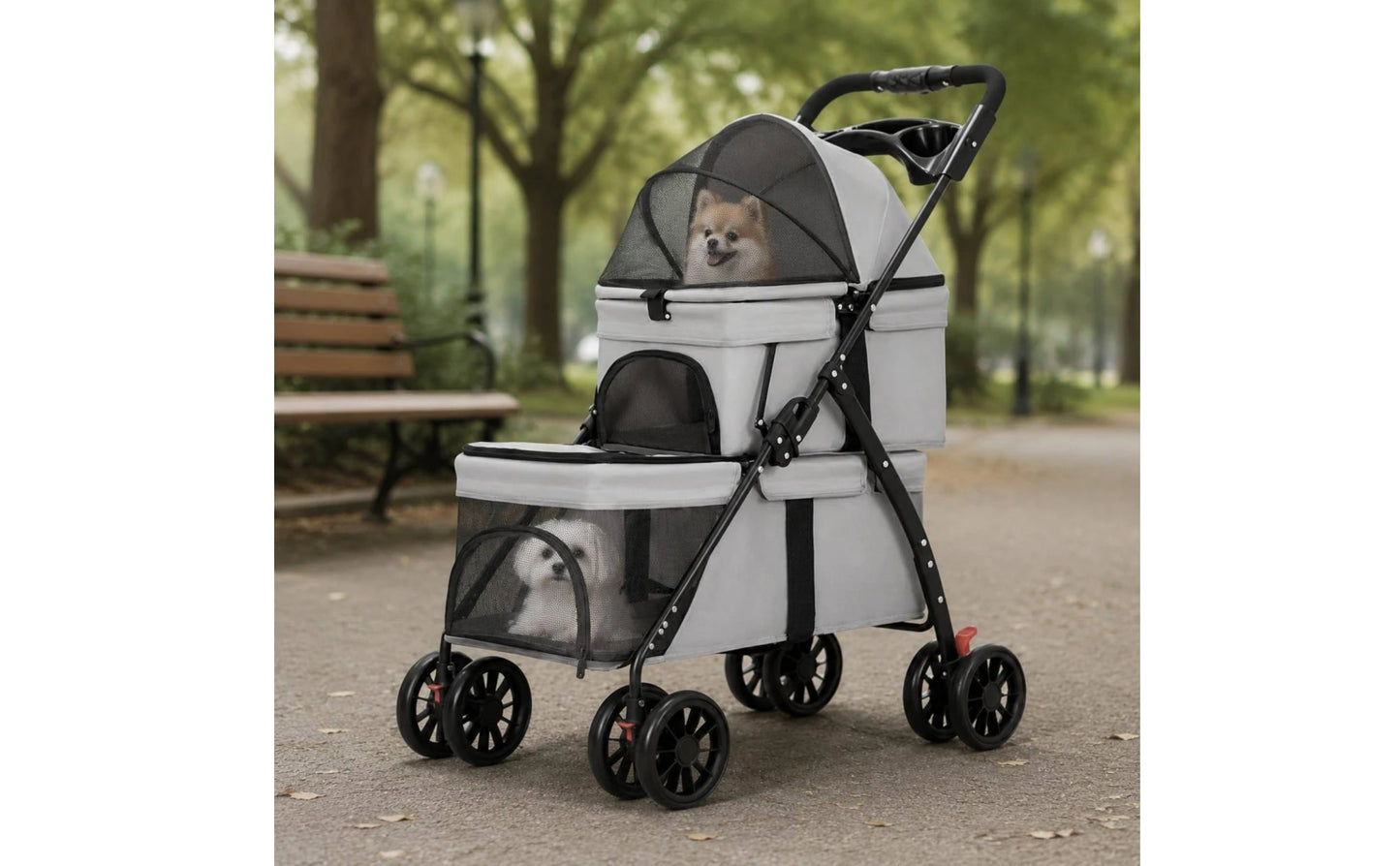 Double-Deck Pet Stroller Lockable Wheels Small Dog Feline Stroller Pet Transport Storage Pockets Removable Liner for Outdoor
