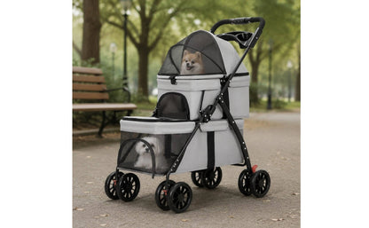 Double-Deck Pet Stroller Lockable Wheels Small Dog Feline Stroller Pet Transport Storage Pockets Removable Liner for Outdoor
