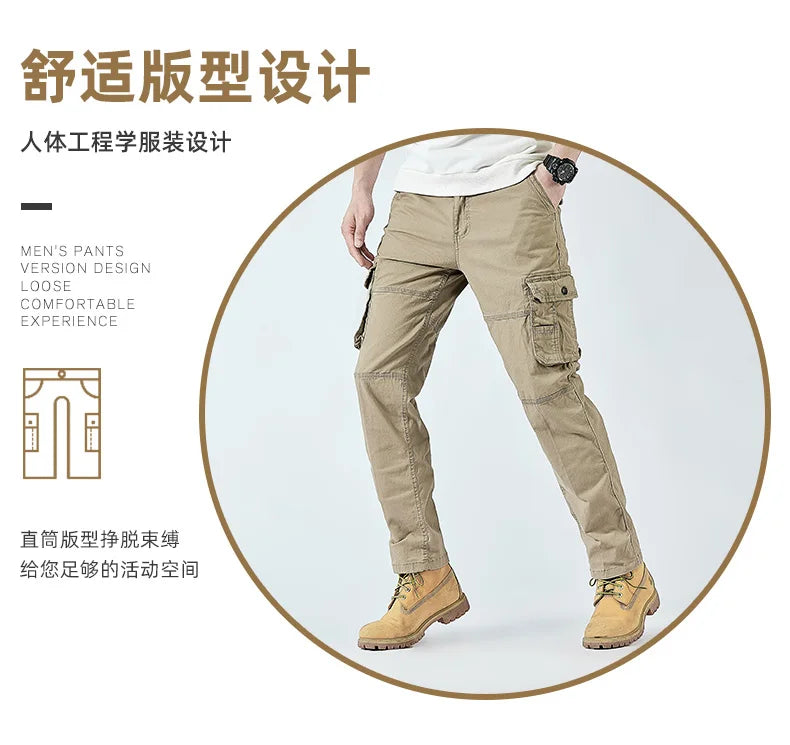 2026 Men's Cargo Pants Straight Leg Cotton Stretch Tactical Trouser Male Military Outdoor Camping Fishing Casual Work Wear Khaki