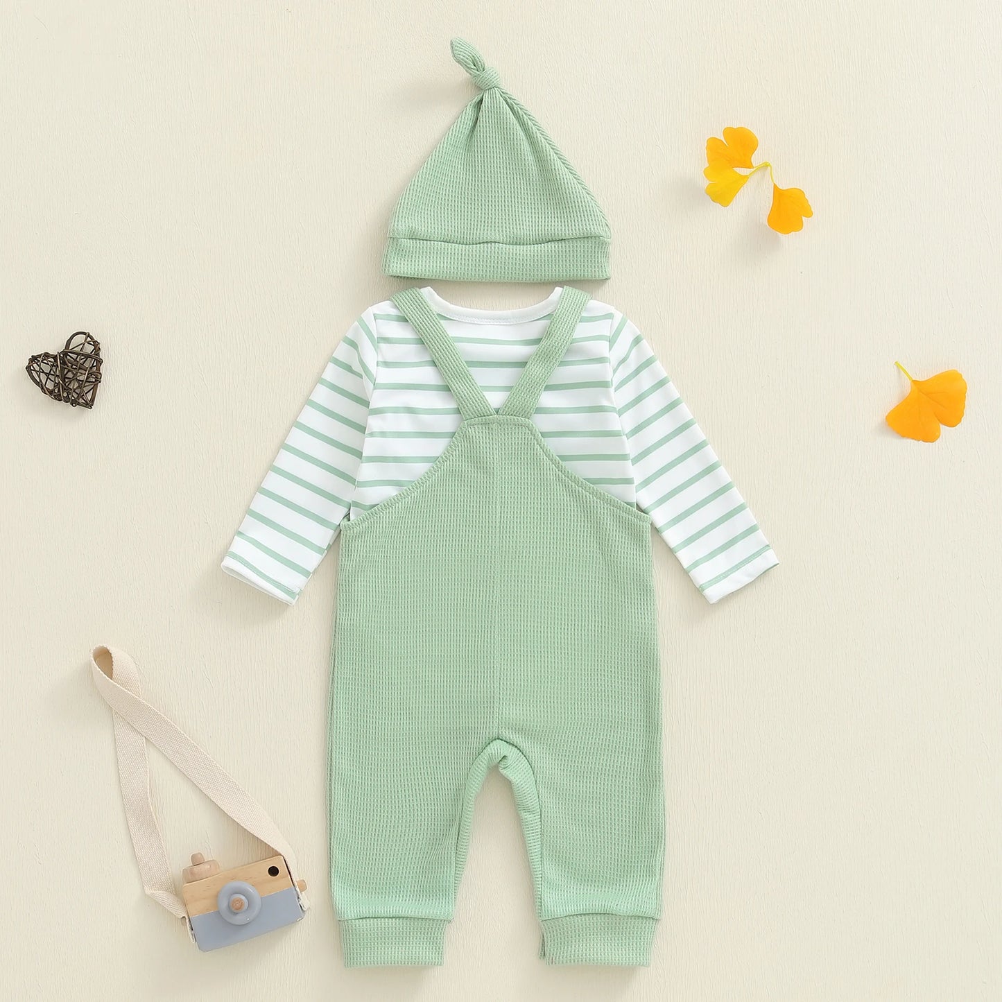 Newborn Baby Boy Fall Winter Clothes Striped Long Sleeve Romper Overall Pants Hat 3Pcs Set Cute Coming Home Outfit