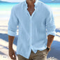 Cotton Linen Hot Sale Men's Long-Sleeved Shirts Summer Solid Color Stand-Up Collar Casual Beach Style Plus Size