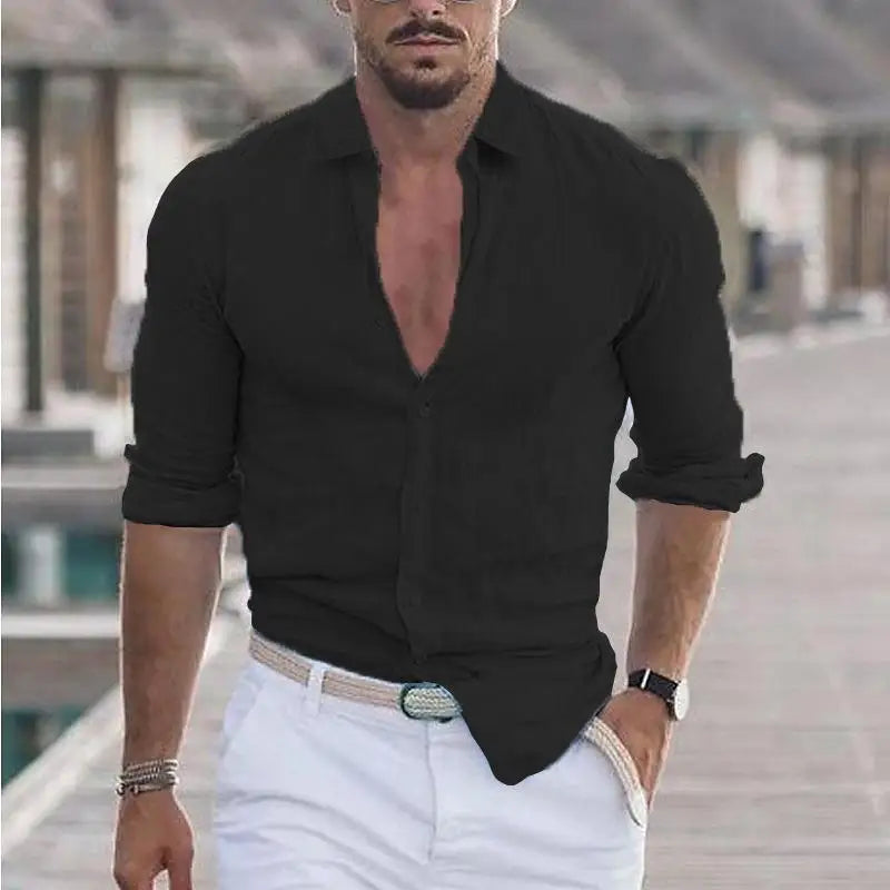 New Men's Shirt Cotton linen Fashion Casual Polo Neck Beach Shirt Long Sleeve Solid Hawaiian Holiday Shirts