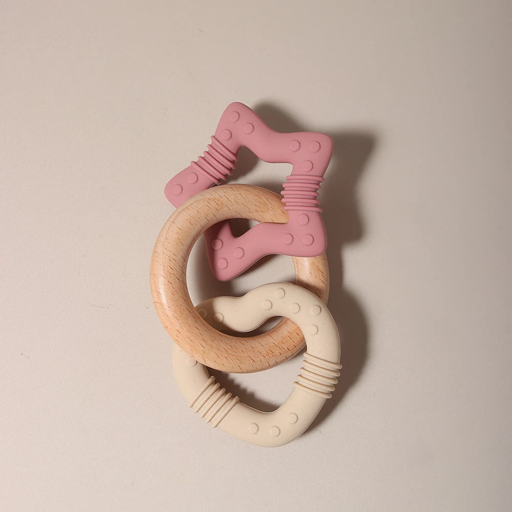Silicone Star and Heart Teether with Teething Wooden Ring Baby Rattle Toy