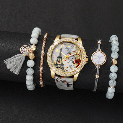 2/3/4/5PCS Fashion Rhinestone Women's Watch Flowers Printed Leather Band Female Quartz Watches Bracelets Set（Without Box）