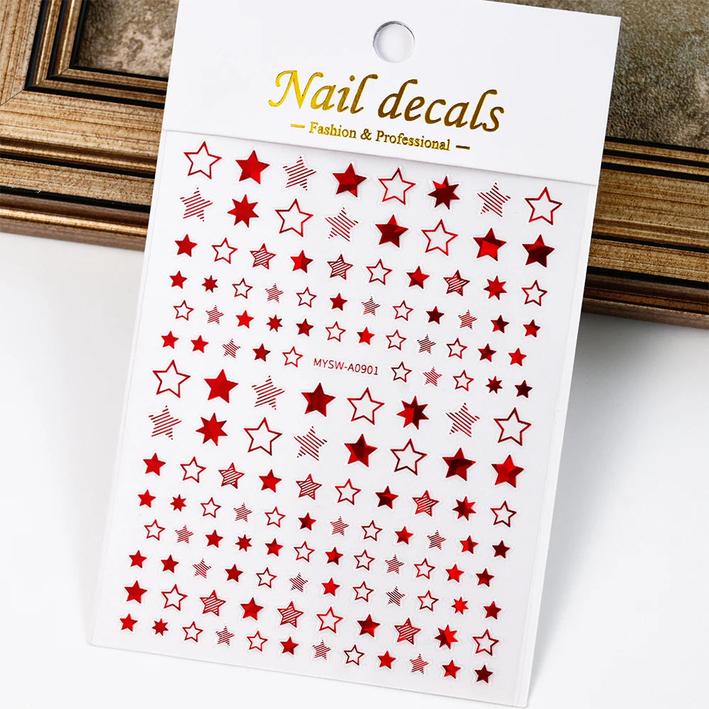 Black White Star 3D Nail Art Sticker Y2K Pentagram Self-Adhesive Decals Laser Shiny Glitters Starlight Manicure Ornaments Slider