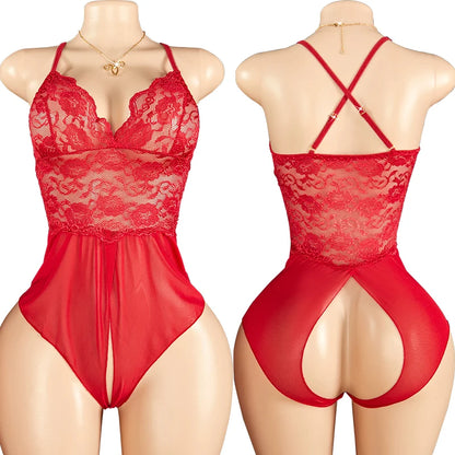 One Pieces Bodysuit Plus Size Women Lace Jumpsuit Erotic Outfits Sexy Backless Romper Deep V Open Bra Crotchless Teddy Bodysuits