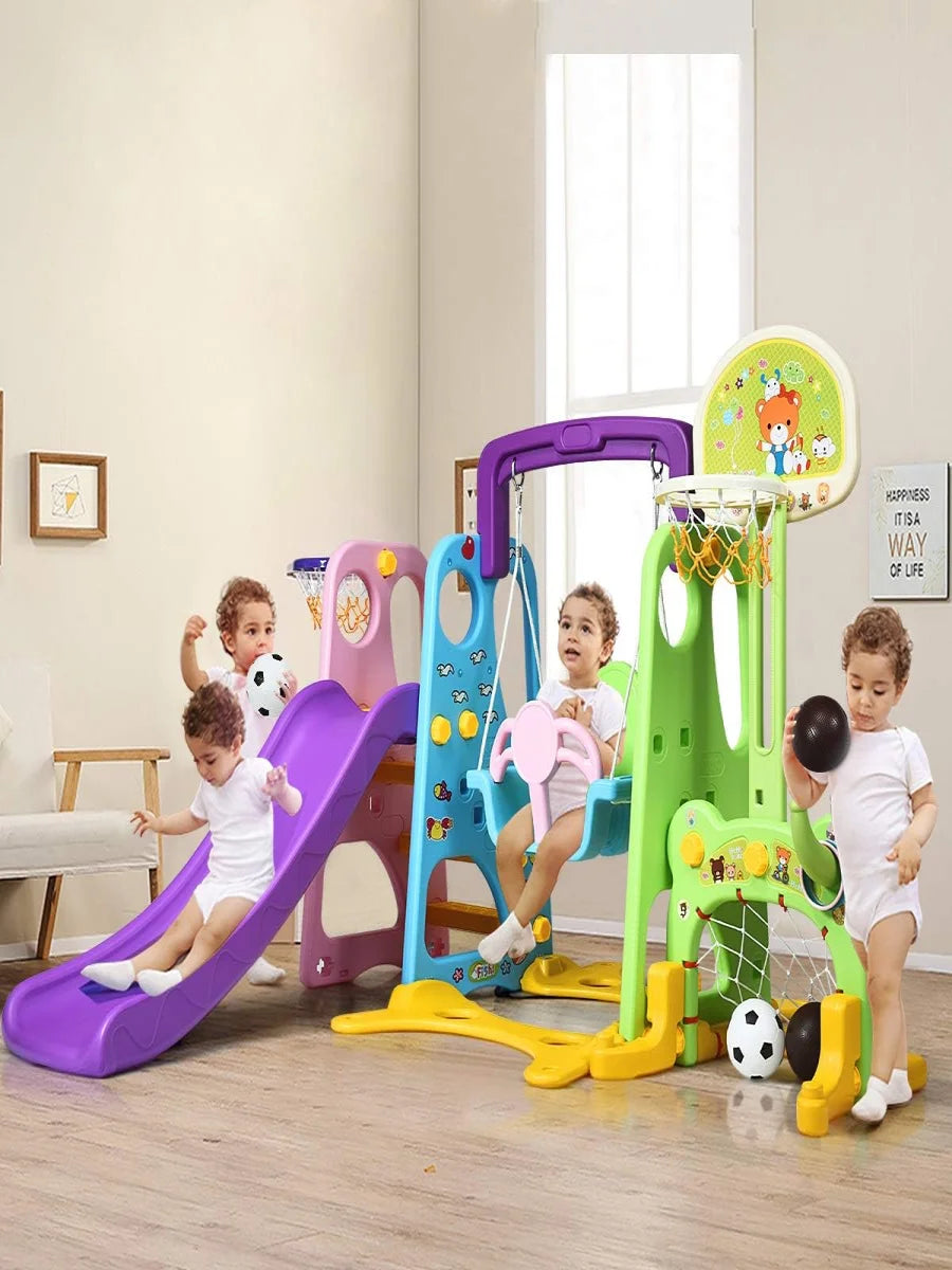 6-in-1 Children's Slide with Swing,Slide with Basketball Hoop&Football Goal&Throwing Game&Desk Top,for Children from 3 Years