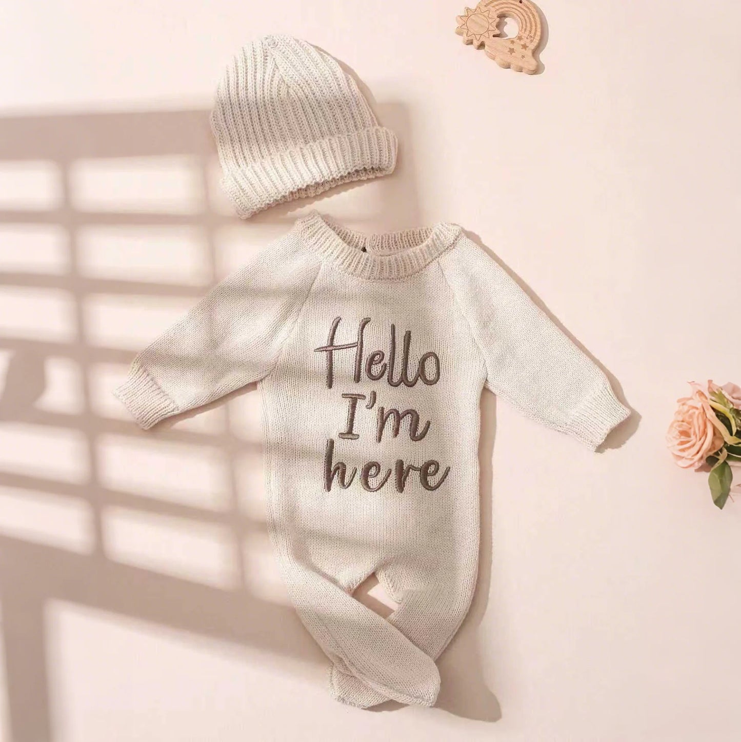 Ylsteed "Hello" Embroidery Knitting Newborn Birth Announcement Outfits Footed Jumpsuit Baby Boy Girl Photography Props Newborn
