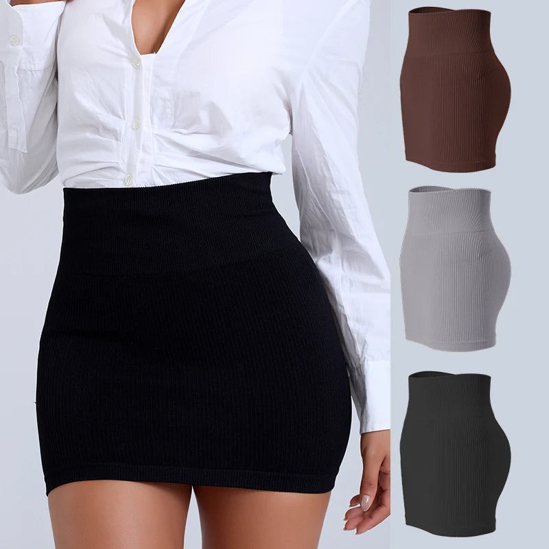FINETOO Spring Summer New High Waist Elastic Business Women Mini Skirt Black Slimming Knitted Half Body Skirt Professional Work