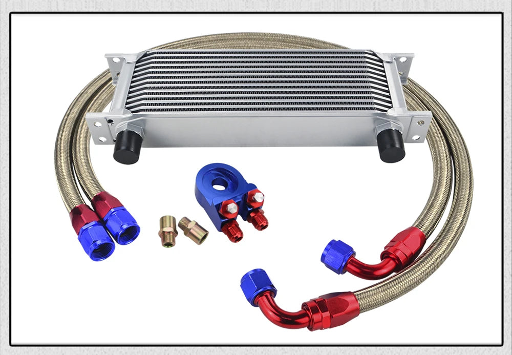 Universal 13 Rows Oil Cooler Kit + Oil Filter Sandwich Adapter + Nylon Stainless Steel Braided An10 Hose W/ PQY Sticker+Box