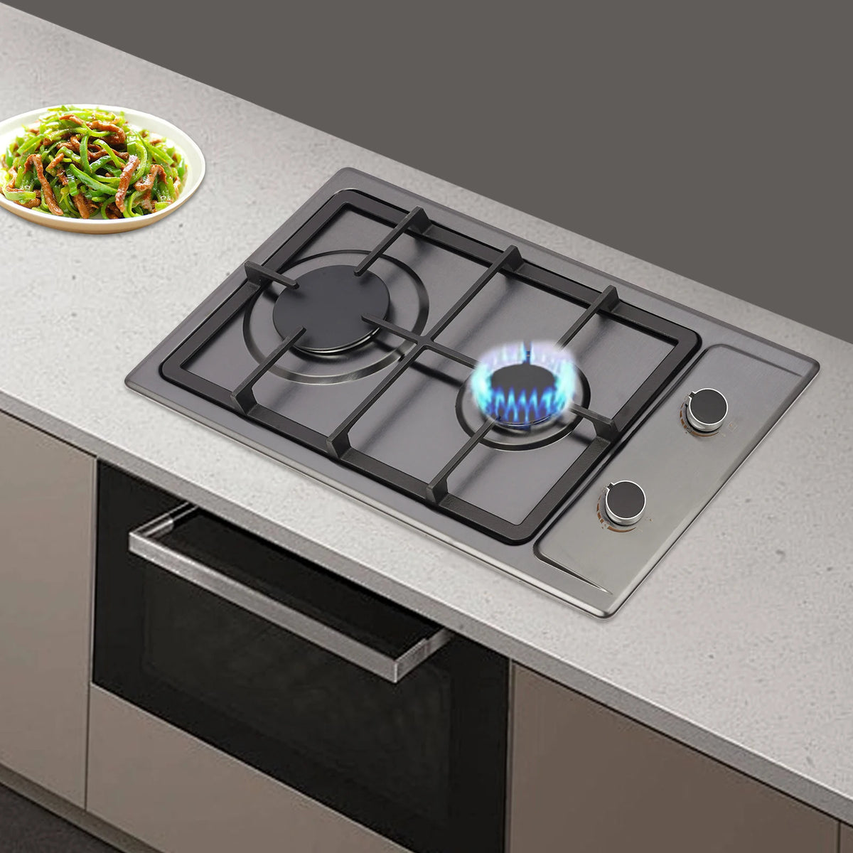 2-Burner Stainless Steel Gas Hob 3KW+1.75KW Portable Gas Stove Countertop/Flush Mounted 51*31*10cm