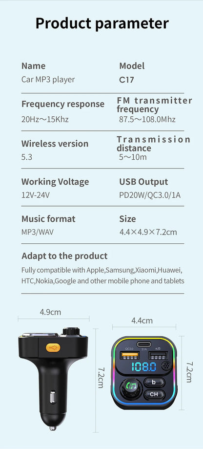 FM Transmitter Bluetooth 5.3 Handsfree Car AUX Radio Modulator MP3 Player with PD20W QC3.0 Fast Charge Adapter Car Accessories