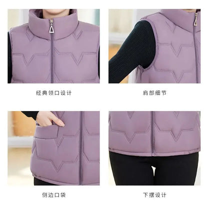 Fashion Women Down Cotton Jackets Vests Solid Stand Collar Zipper Cardigan Thicken Autumn Winter Warm Casual Sleeveless Coats