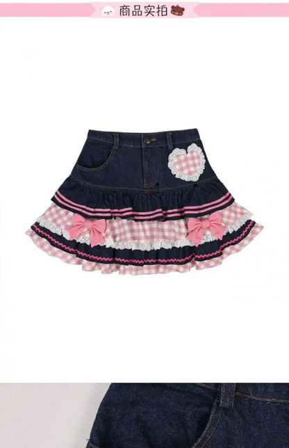 Kawaii Girls Lolita Skirts Japanese Women Harajuku Ball Gown Denim Skater Y2K High Waist Lace Cake Skirts Versatile Puffy Skirts