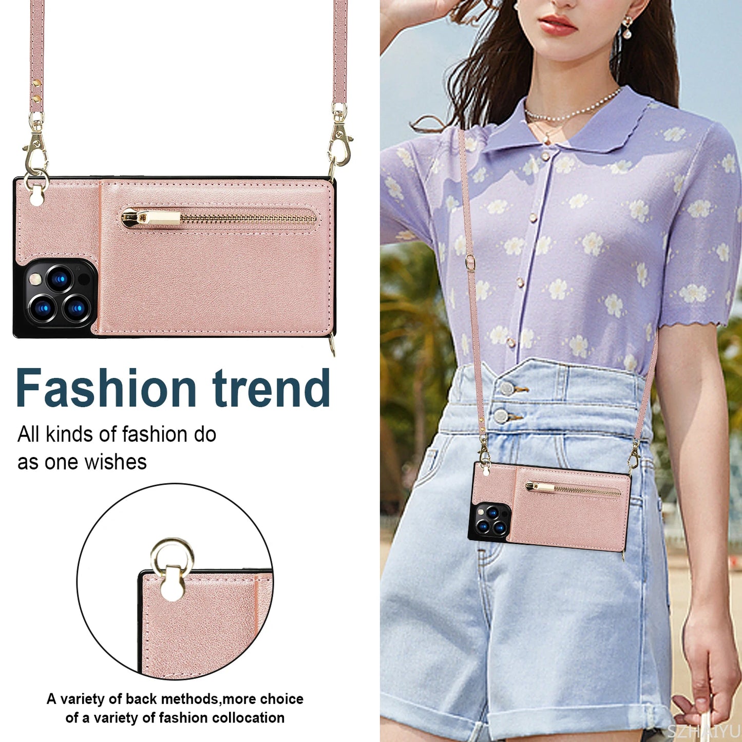 Zipper Wallet for IPhone 17 Air 16 16E 15 14 13 12 11 Pro Max Plus Case with Card Holder Lanyard Strap Crossbody Leather Cover