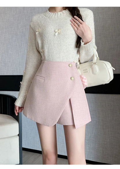 Autumn Winter Tweed Skirts Shorts Women Fashion Streetwear Cross Irregular Booty Shorts Pink Black Culottes Wide Leg Short Pants