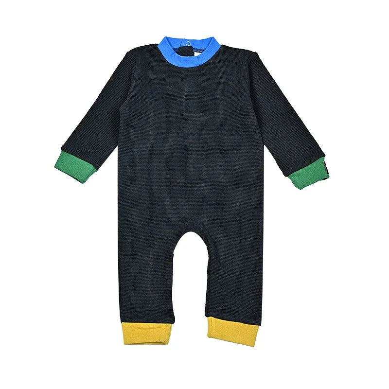 AA-Colorblock Waffle Knit Set Shirt Girl Dress and Baby Romper Contrasted Edges Rib Black Family Clothing Front Buttons Opening