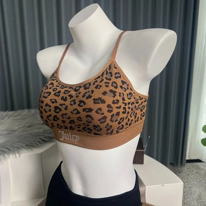 Juicy Couture Women's Seamless Leopard Print Bralette Adjustable Strap Wireless Comfort Push Up Sports Bra Underwear
