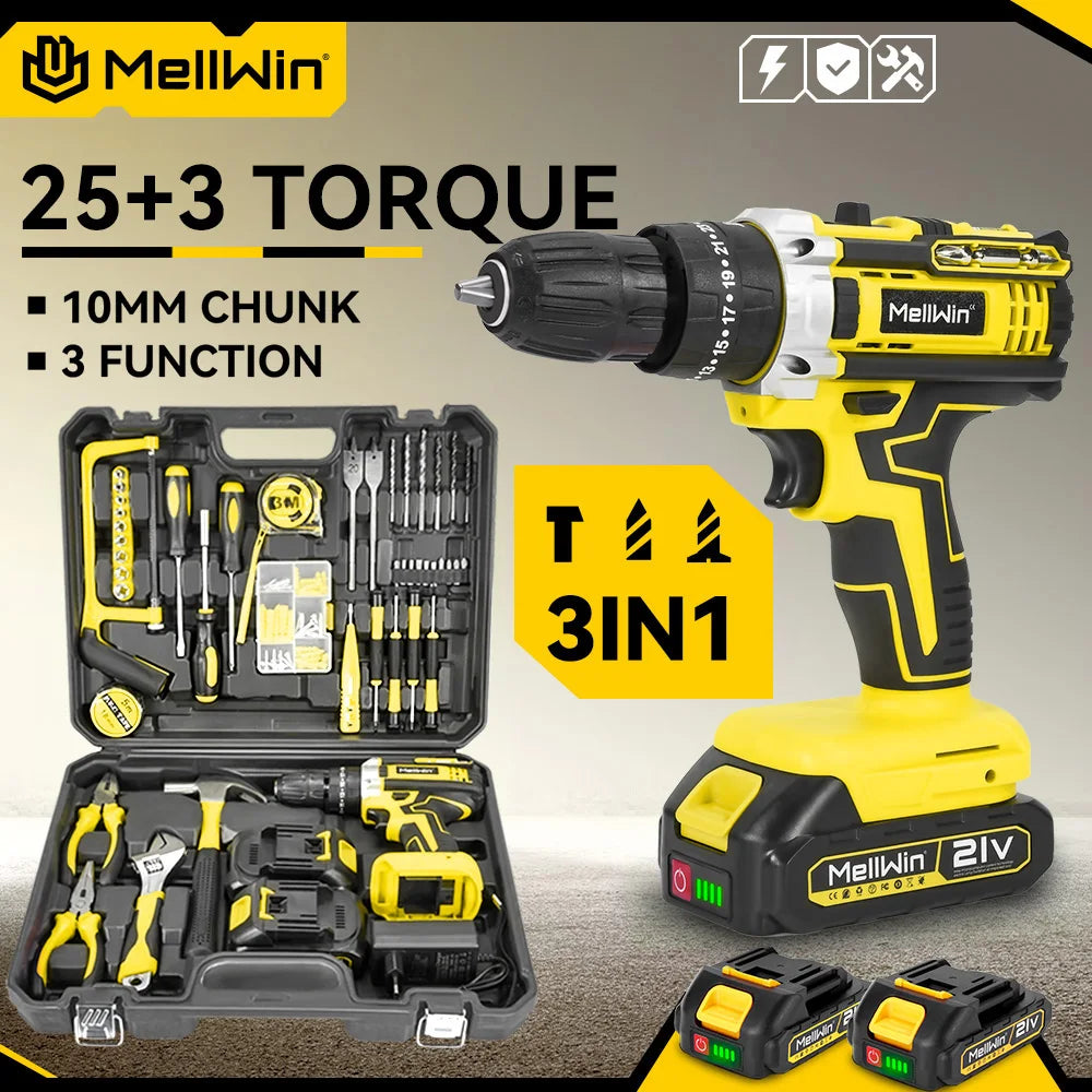 MELLWIN 25+3 Torque Electric Impact Drill 2 Speed Adjustable Cordless Electric Screwdriver Power Tool For Makita 18V Battery Pin