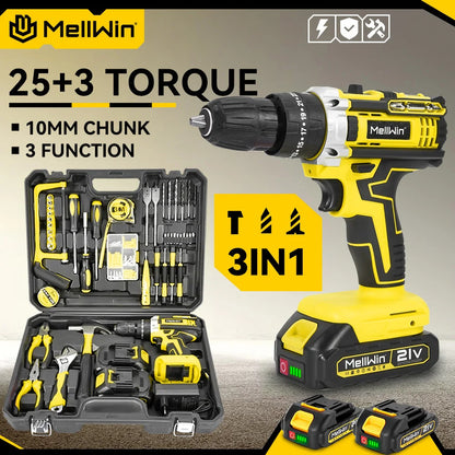 MELLWIN 25+3 Torque Electric Impact Drill 2 Speed Adjustable Cordless Electric Screwdriver Power Tool For Makita 18V Battery Pin