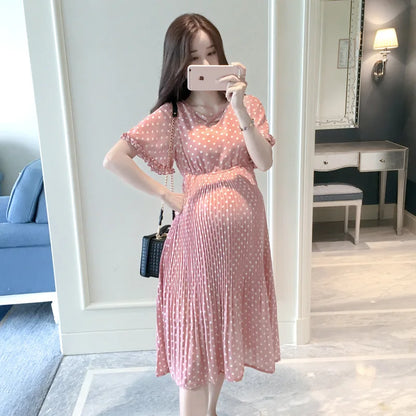 Summer Maternity Dress for Pregnant Women Petal Collar Bubble Sleeve High Waist Peter Pan Casual Temperament Gown