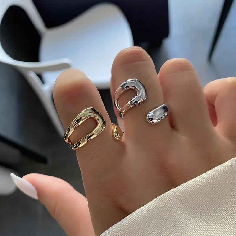 Silver Color High-quality Smooth Geometric Irregular Hollow Opening Rings For Women Fashion Birthday Party Jewelry