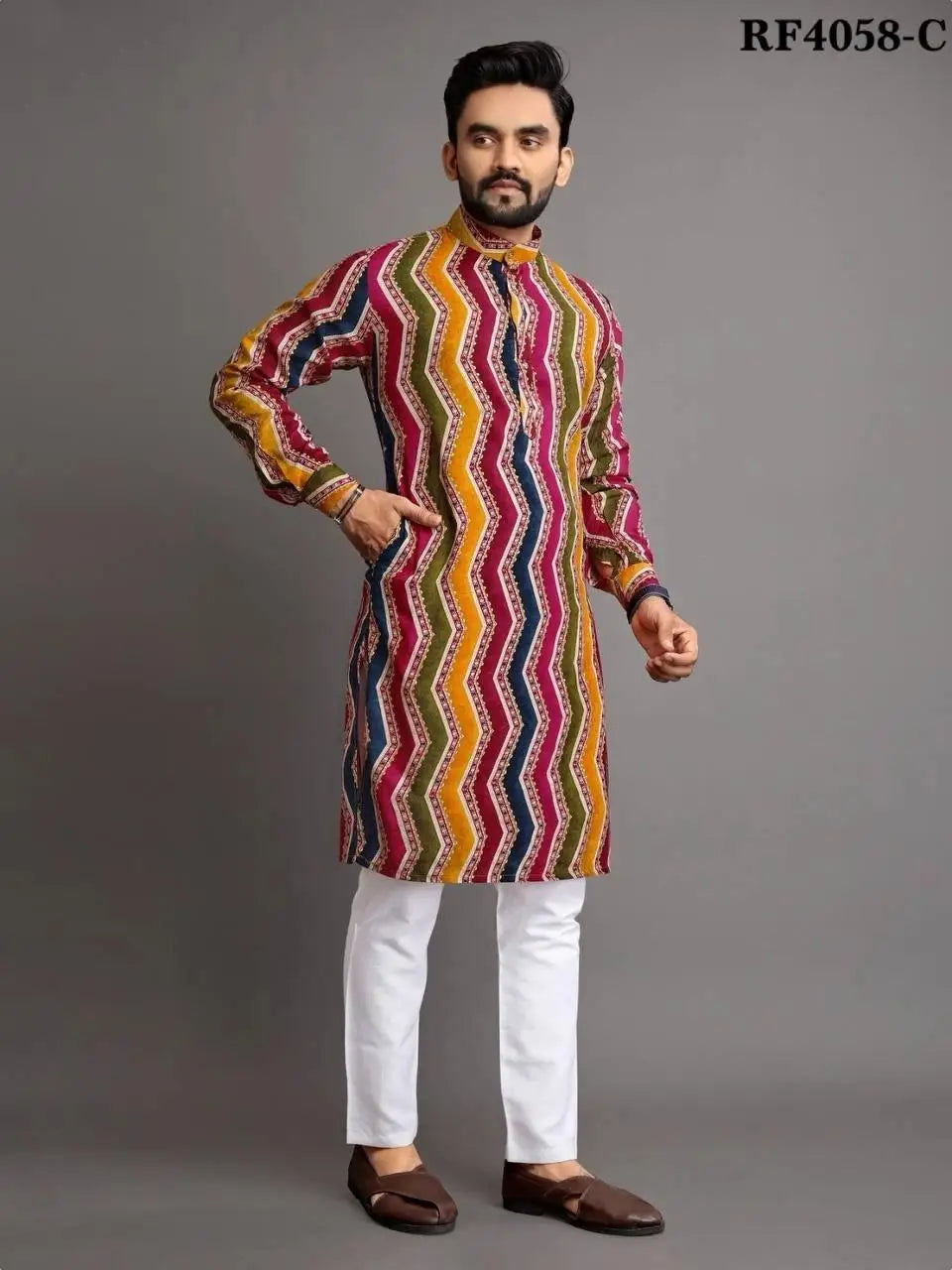 2025 Men Digital Printed Kurta Shirt Regular Fit Mandarin Collar Long Suitable All Occasions Such Wedding Hari Raya Aidilfitri