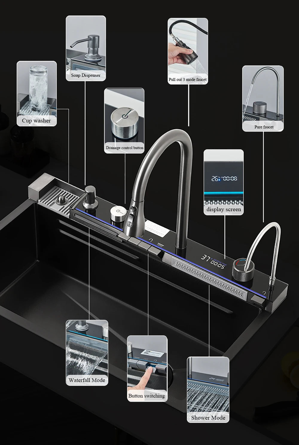 304 Stainless Steel Kitchen Waterfall Sink Digital Display Large Single Sink Dish Basin Sink With Multifunction Touch Waterfall