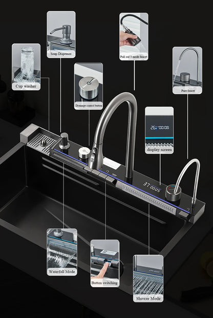 304 Stainless Steel Kitchen Waterfall Sink Digital Display Large Single Sink Dish Basin Sink With Multifunction Touch Waterfall