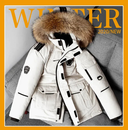 Winter Mens Down Jacket 90% White Duck Down Parkas Coat Mid-length Fur Collar  -30 Degree Keep Warm Male Thicken Snow Overcoats