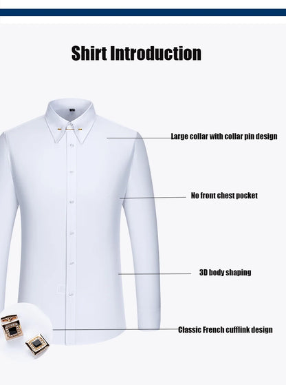 Embroidered French Cufflinks Men's Long-Sleeve Shirt with Collar Pins, Big Collar Dress Shirt for Business Formal Wear, Gentlema