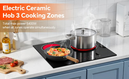 2-Zone Ceramic Hob, 3000W with Child Lock, 9 Heat Levels, 1-99min Timer, Black (CE Certified)