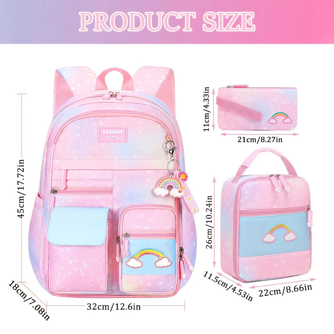 3pcs/set Kids School Backpack for Girls with Lunch Box Pencil Case Set Elementary Primary Middle High College School Bookbags
