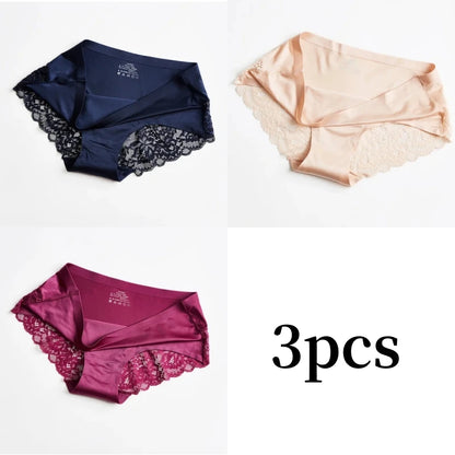 3pcs Lace Women's Panties French Seamless Underwear Female Ice Silk Briefs Solid Color Breathable Underpants Lingerie