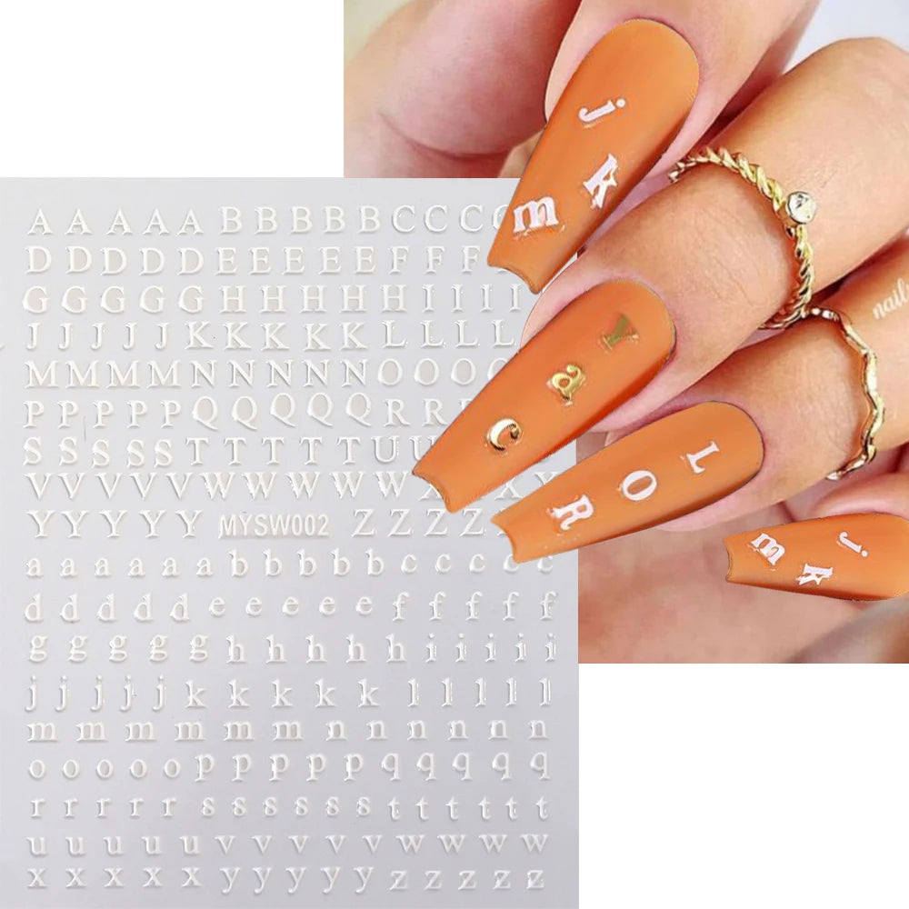 1Pc 3D Roman Letter Nail Stickers Gold/Silver/Black/Laser Alphabet Self Adhesive Decal Y2K English Words/Number Manicure Sliders