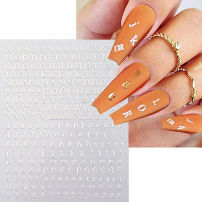 1Pc 3D Roman Letter Nail Stickers Gold/Silver/Black/Laser Alphabet Self Adhesive Decal Y2K English Words/Number Manicure Sliders