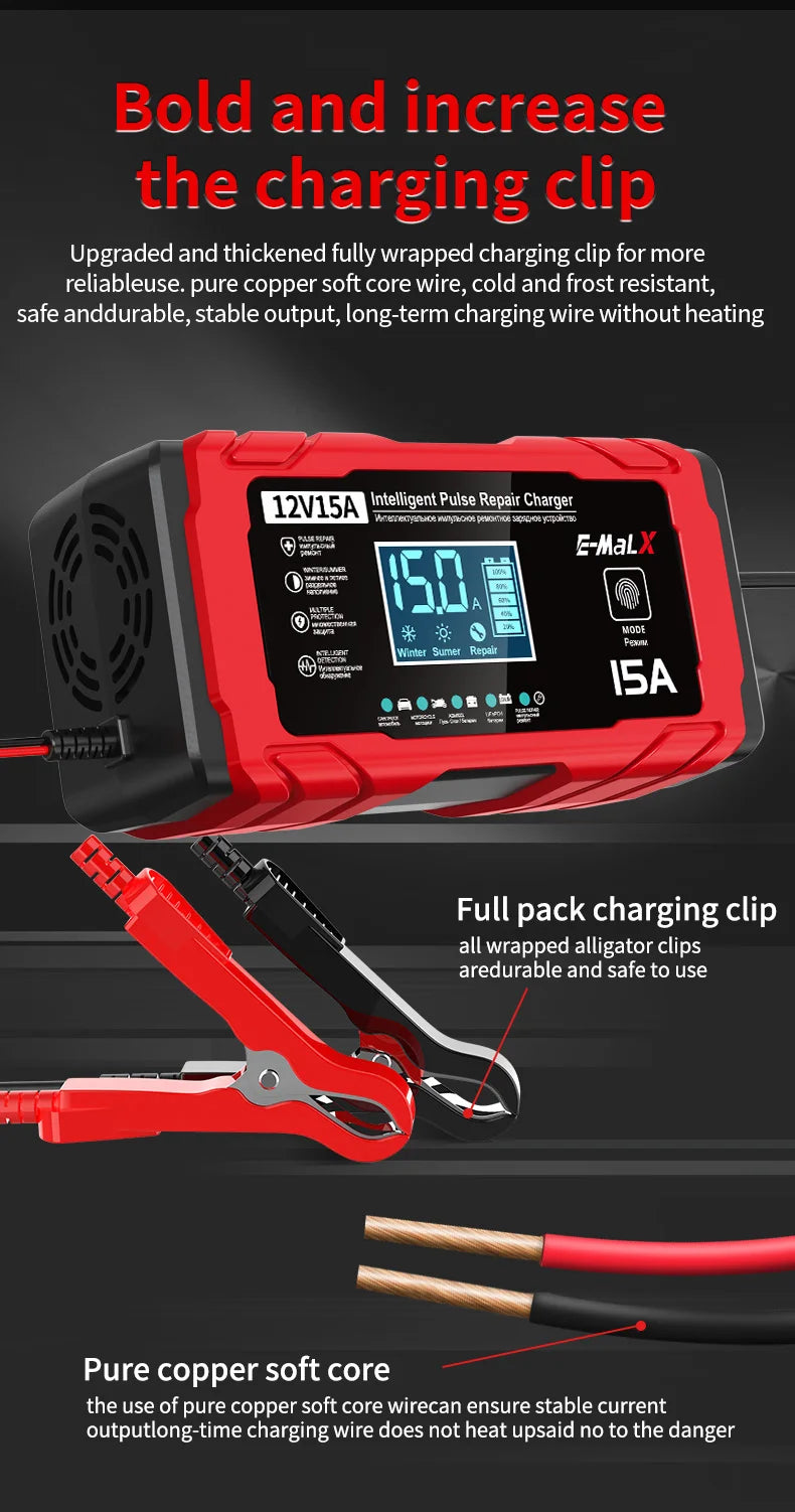 14.6V 15A Lifepo4 Battery Smart Pulse Repair Charger 12V 15A 24V 8A Electric Motorcycles Charger For Lead Acid AGM GEL Battery