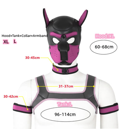 XL Large Size Puppy Cosplay Neoprene Fetish Hood Mask Kit with Chest Strap Collar Armband Sex Costumes for Bdsm Slave Role Play