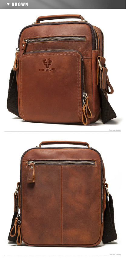 HUMERPAUL Genuine Leather Men's Shoulder Bag Vintage Cross Bags Large Capacity Male Messenger Tote Bag Travel Bolso Hombres