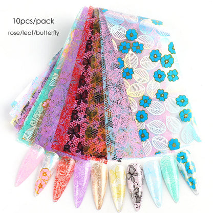 10PCS Mixed Nail Art Foils Transfer Sticker Set Rose Flower Designs Floral Starry Sky Nail Wraps Wedding Summer Manicure Decor