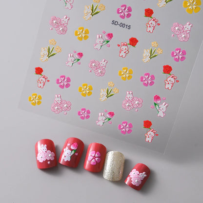 1PC 5D Macaron Flower/Fruit Nail Charms Sticker Embossed Bear/Rabbit/Letter Nails Slider Decals Summer Adhesive Manicure Decor&Y
