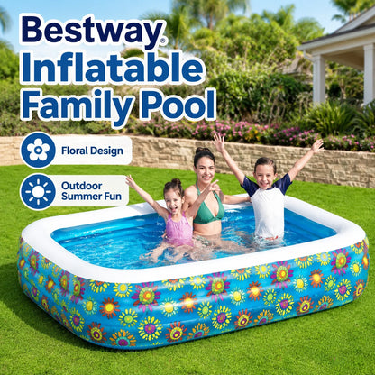 Bestway Rectangular Inflatable Family Swimming Pool 305x183x56cm Floral Outdoor Above Ground Pool for Garden Summer Water Fun