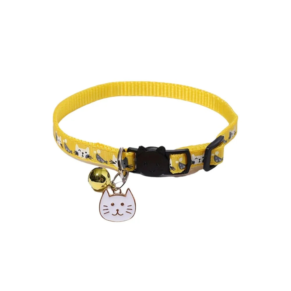 Adjustable Pet Cat Collar Quick Release Safety Buckle Anti-choking Puppy Collar with Cat Face Pendant Bell Cat Pattern